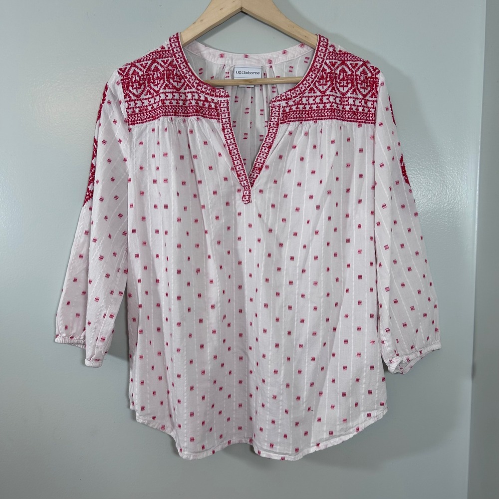 Liz Claiborne Womens White Red Embroidered Dobby Cotton Peasant Blouse Large
